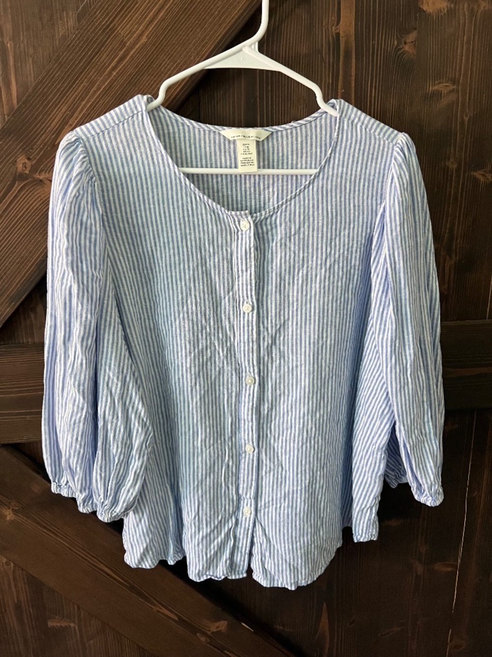 H&M Linen Blend Striped Blouse XL Blue White Puff Sleeves